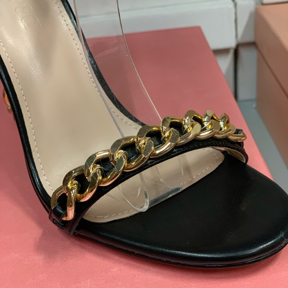 Women’s Ankle Strap Gold Chain Detail High Heel Sandal in Black Faux Leather - Picture 8 of 16